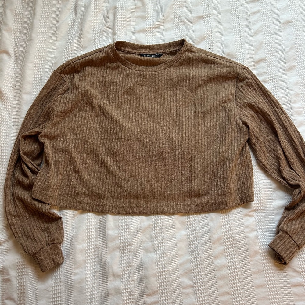 long sleeve cropped shirt from shein, size medium, brown